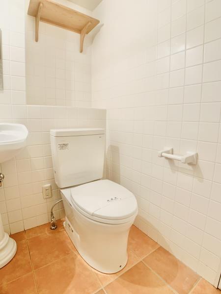 洗面脱衣所とトイレは同室です。上に棚があって嬉しい。