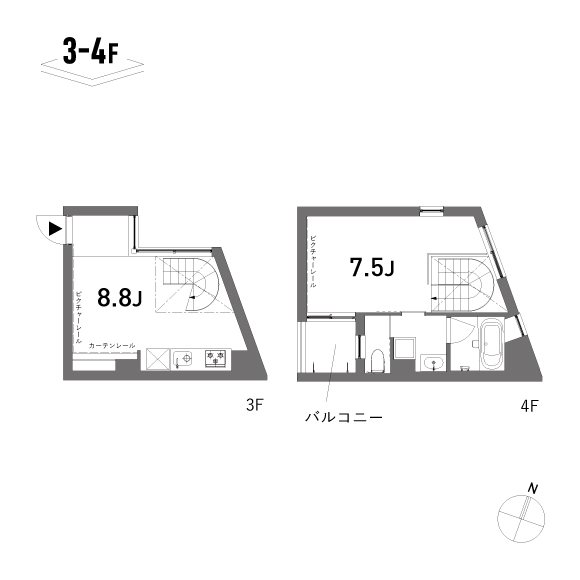 キッチンスペースと水回りが分かれた、1DKの間取りです。