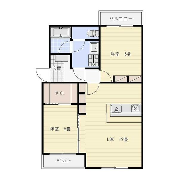 12帖のLDK+5帖の南洋室+6帖の北洋室の２LDK