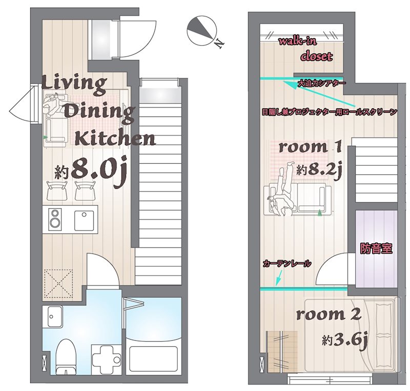 地上フロアに玄関＆LDK、地下フロアに洋室がある間取りです。