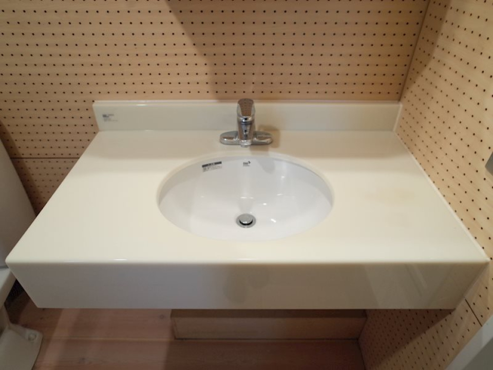 洗面台は周りにいろいろ置けるタイプ。