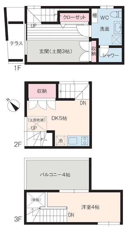 3フロアにわたる1DKの間取りです。