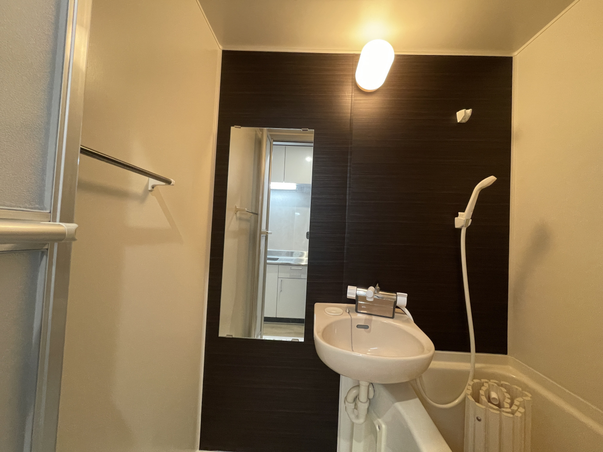 独立洗面台はありませんが、大きめのミラーがあるのは嬉しいポイント