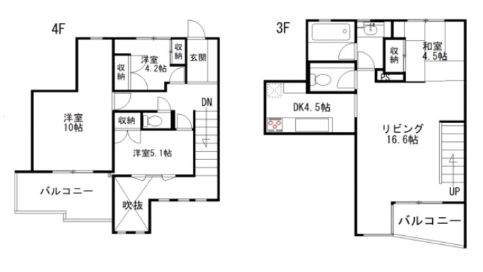 お部屋は3-4階のメゾネットタイプ。玄関が4階にあり、3階に下るとLDKや水回りがある面白い造りです。