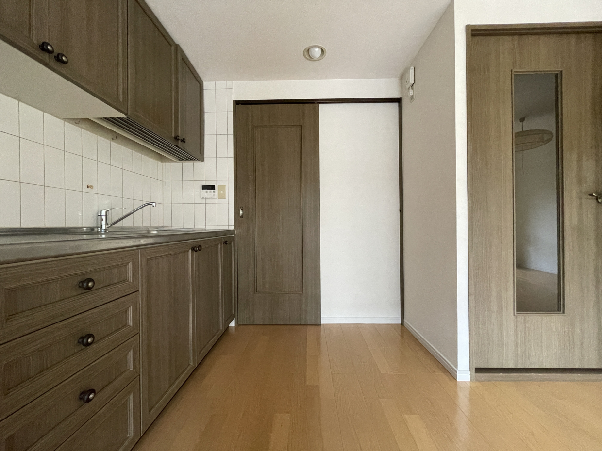 キッチン奥の引き戸は洗濯機を置ける脱衣所に繋がっているので家事動線GOOD