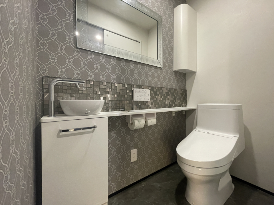 トイレ。手洗い場と収納、鏡付き