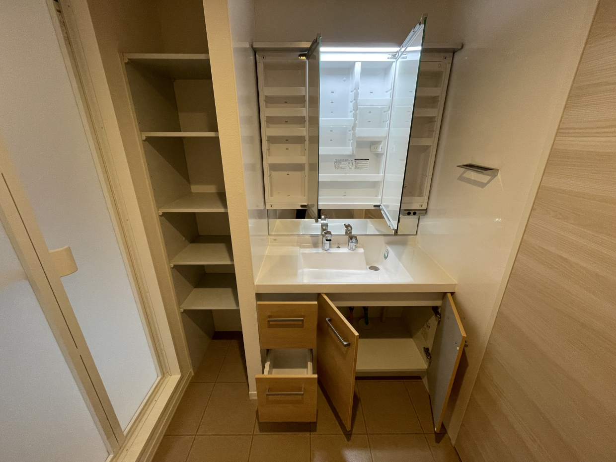 洗面台が3面鏡タイプなだけでなく、横にも収納棚があるのは嬉しい