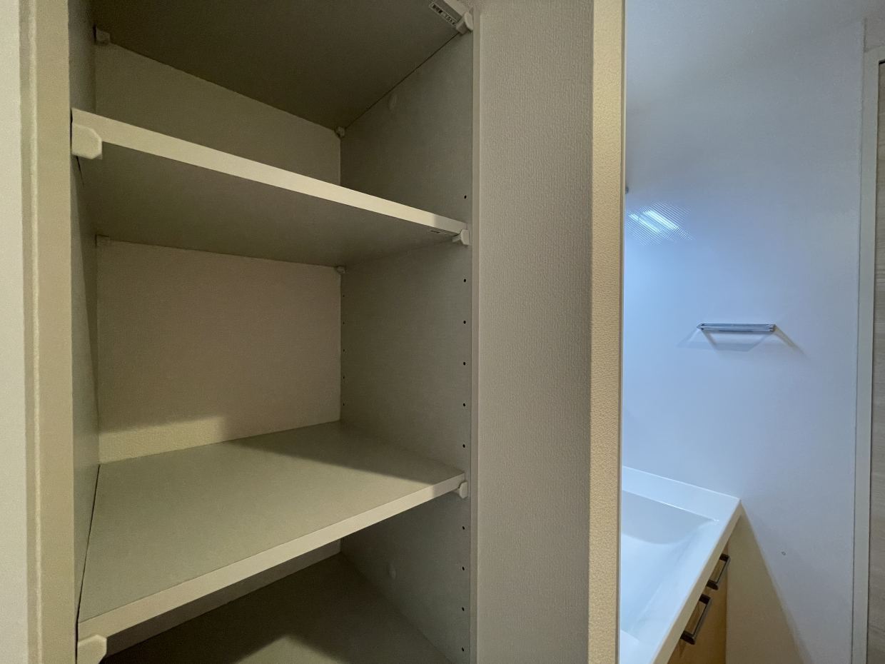 タオルを置いたり洗濯用品を置いたり、活かし方無限大な可動棚