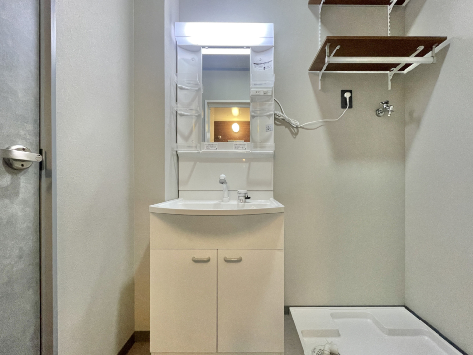 洗面台と洗濯機置き場。
洗剤など置ける簡易棚があります