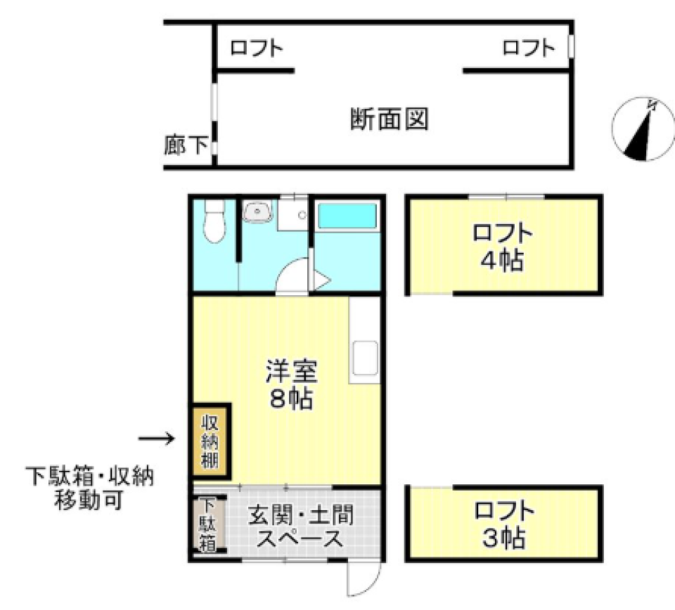 秘密基地のような土間とＷロフト、天井高が作る非日常の間取り図