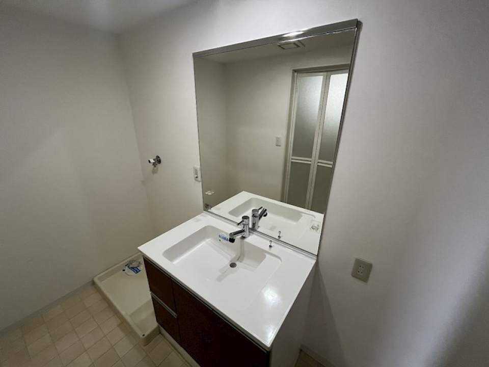 大きな鏡のある独立洗面台