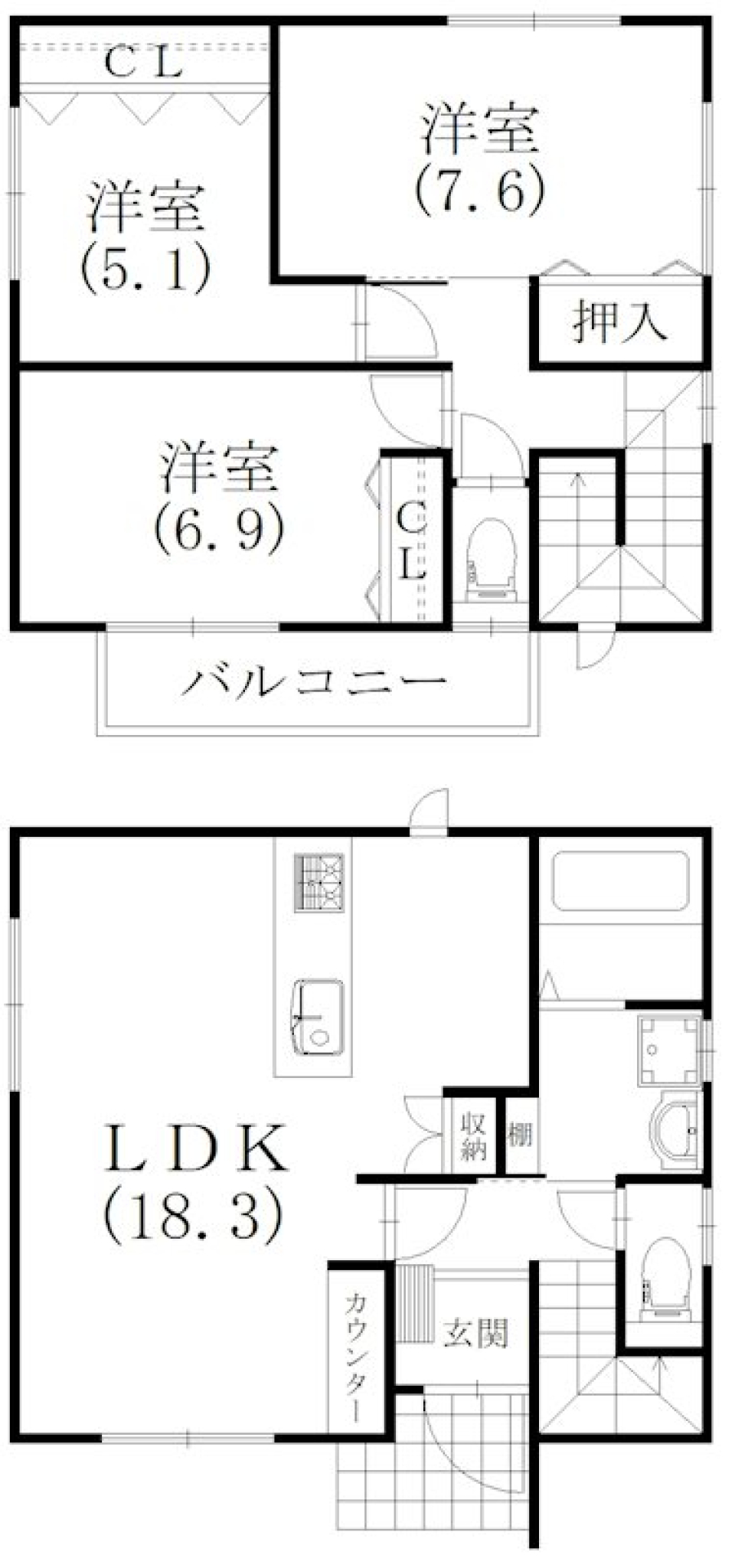 18帖LDK&times;駐車2台無料の間取り図