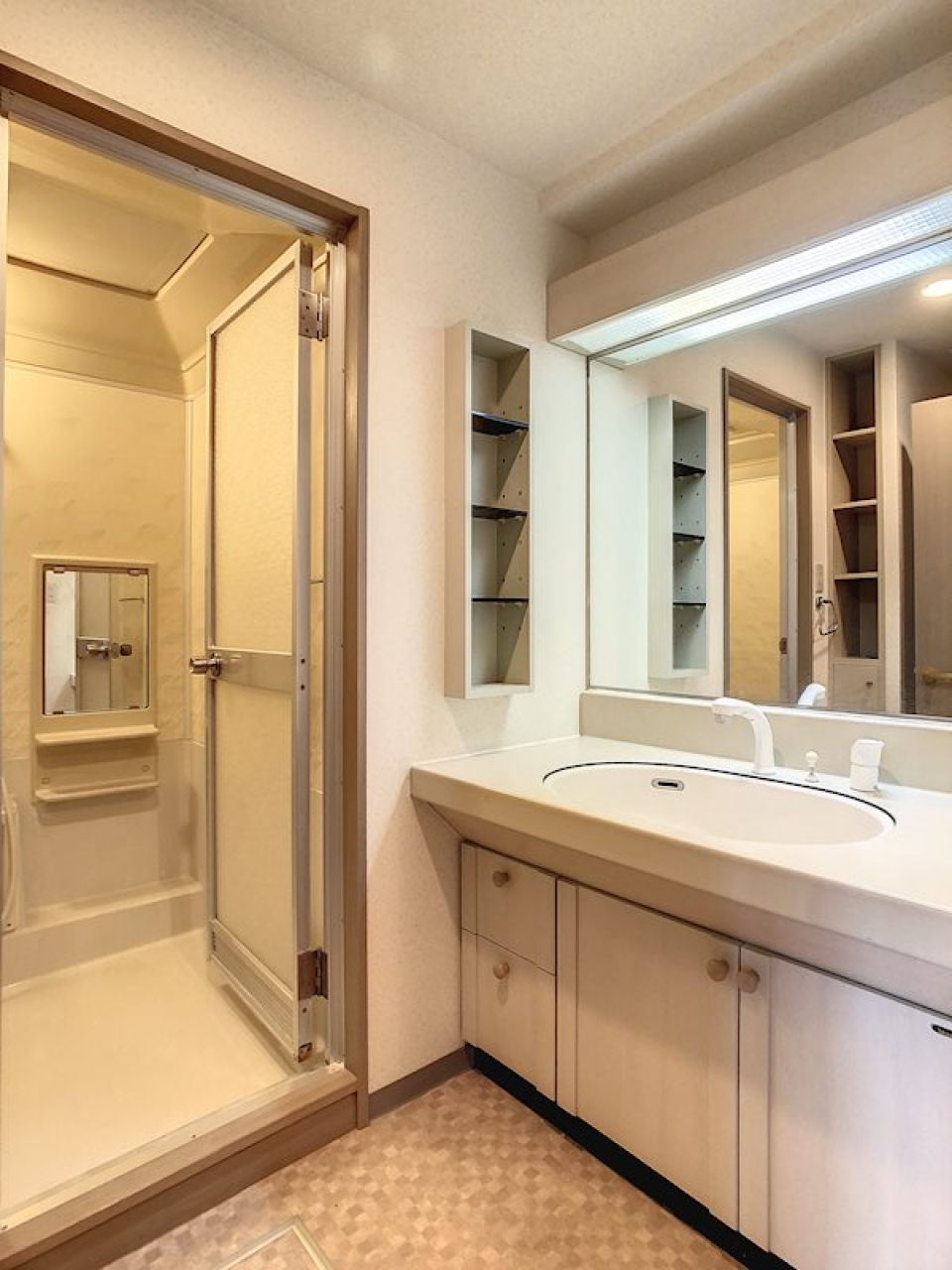 大きな鏡付きの洗面スペース