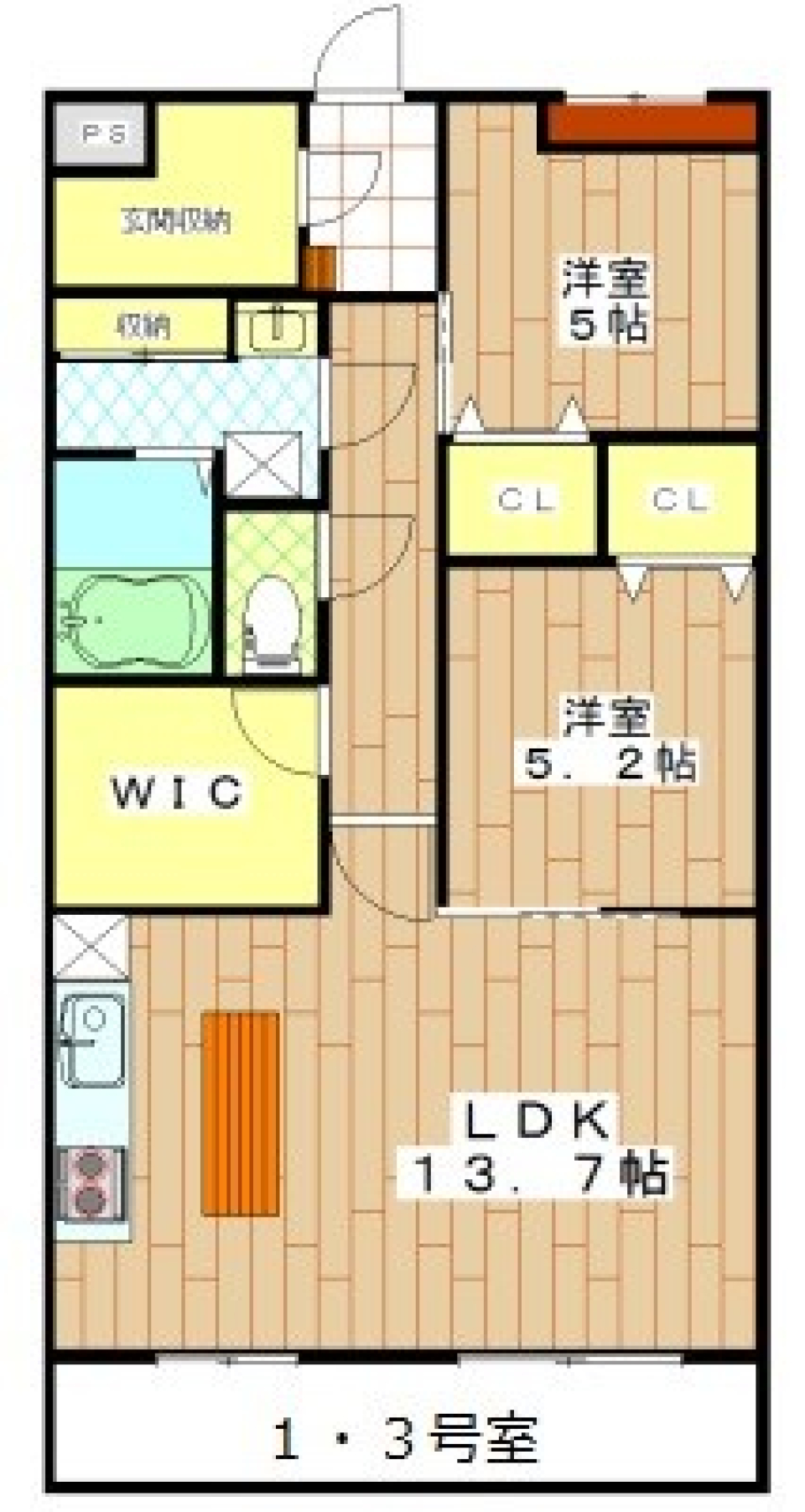人気カラーの2LDKの間取り図